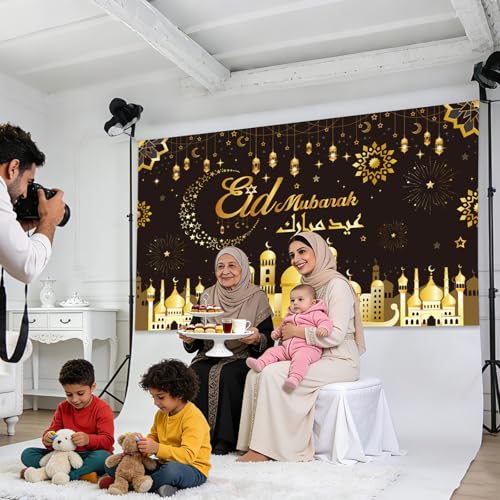 Ramadan Eid Mubarak Decorations - 5.9 x 3.6 Ft Gold Black Muslim Islamic Photography Backdrop Photo Booth Prop Decor Set Eid Al Fitr عيد مبارك Arabic Version Party Supplies for Home