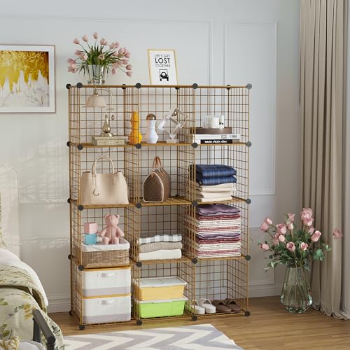 C&AHOME Wire Cube Storage, 12 - Cube Organizer Metal C Grids, Modular Shelves Units, Closet Organizer, Ideal for Home, Office, Living Room, 36.6”L x 12.4”W 48.4”H, Brown UWCS3012R - color: Brown
