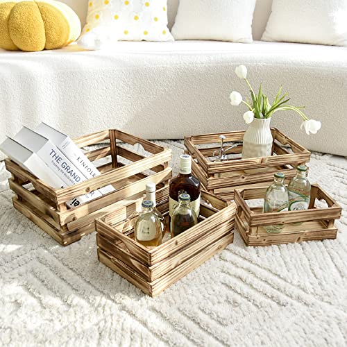 Set of 4 Large Torched Wood Decorative Storage Crates, Nesting Wooden Crates for Display Rustic, Farmhouse Wooden Storage Container Boxes Made from 100% Wood - color: Torched Brown
