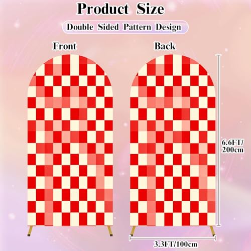 6.6FT Wedding Arch Backdrop Cover red White Checkered Seamless Red White Graphic Checkered Spandex Fitted Fabric Round Top Stretchy Stand Covers for Baby Shower Birthday Party Decoration - color: Color6, size: 6.6x3.3 FT