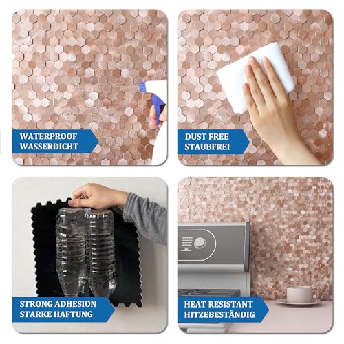 3D Metal Peel and Stick Backsplash for Kitchen,Mini Hexagon Tile Stickers Self Adhesive Wall Tiles Heat Resistant(8 Sheets,Rose Gold) - color: Rose Gold