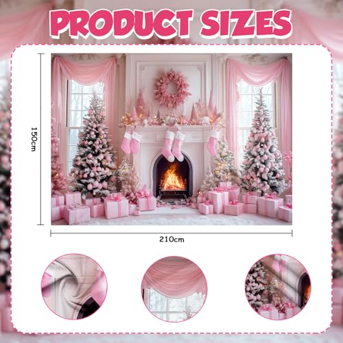 AIBIIN 7x5ft Pink Christmas Backdrop Pink Christmas Tree Fireplace Photography Background Winter Snow Scene Birthday Baby Shower Vinyl Photo Studio Props - color: Fireplace, size: 7x5ft