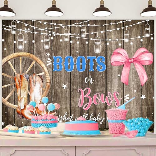 Sensfun Boots or Bows Gender Reveal Backdrop Boy or Girl Baby Shower Party Decorations Rustic Wooden Cowboy Boots Pink Bow Photography Background Western Gender Reveal Banner Photo Booth Props 10x7ft - size: 10x7ft
