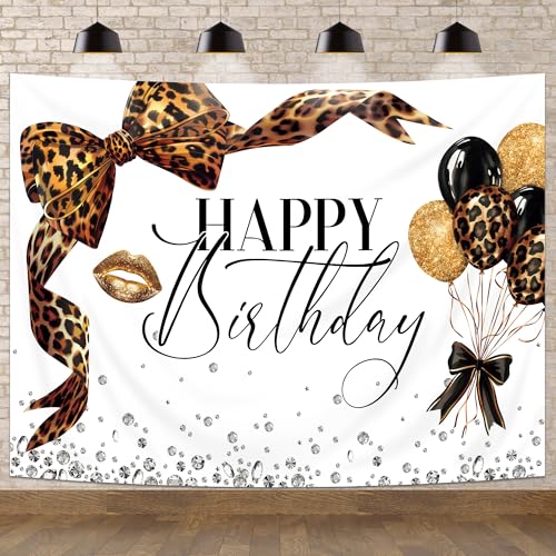 Newsely Leopard Print Bow Backdrop 8Wx6H Photography Brown White Gold Beauty Modern Bowknot Balloons Diamond Bownot Background Fashion Girly Party Decorations Banner Photo Booth Props Supplies - color: B-leopard bow, size: 8Wx6H