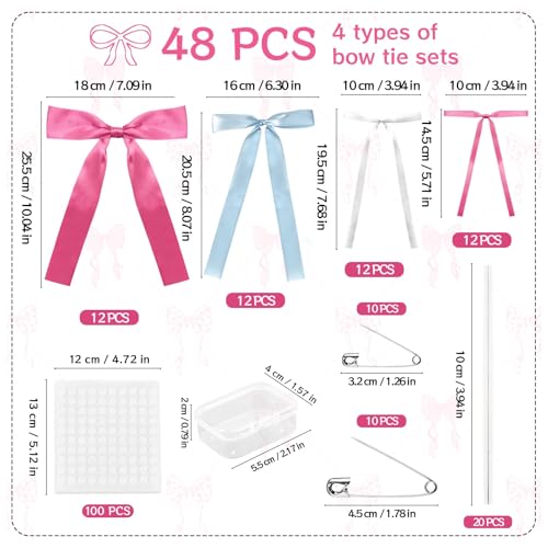 48Pcs Pink Bow Wall Decor, Satin Ribbon Bow Birthday Decorations Photo Backdrop Party Decor for Birthday Baby Shower Bachelorette Wedding Party Room Bedroom - color: Pink Blue