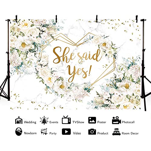 MEHOFOND 7x5ft She Siad Yes Floral Backdrop for Bridal Shower Marble White Flowers Bride to Be Photography Background Hearts Geometric Couple Wedding Party Decorations Engagement Banner Props - color: White, size: 7x5ft