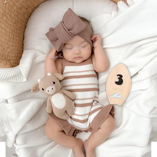 Wooden Surf Baby Monthly Milestone Cards - Beach First Year Monthly Milestone Markers, Ocean Waves Interchangeable Month Milestone Discs, Baby Photo Props