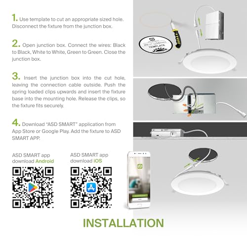 ASD 1 Pack LED Smart Recessed Lighting 6 Inch 15W, RGBW Color Changing Lights, Compatible with Alexa & Google Assistant, Dimmable 2700K-6500K Selectable RGB Lights, WiFi Bluetooth Ceiling Light, ETL - color: White, size: 6 Inch 1 Pack RGBW