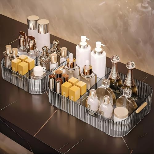 DASITON Acrylic Makeup Organizer,9 Slots Makeup Brush Holder,Makeup Storage with Handle,Vintage Striped Cosmetic Organizer for Desk Storage Container,Vanity,Bathroom(Grey) - color: Grey