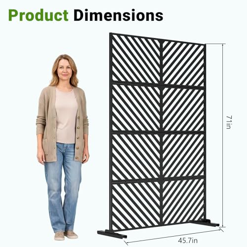 DoCred Metal Privacy Screen, 71" H X 45.7" W Freestanding Rustproof Steel Privacy Panels, Metal Outdoor Privacy Screens Decorative Fence with Stand for Deck, Patio, Backyard & Balcony - color: Black Slant Pattern, size: 71" H x 45.7" W
