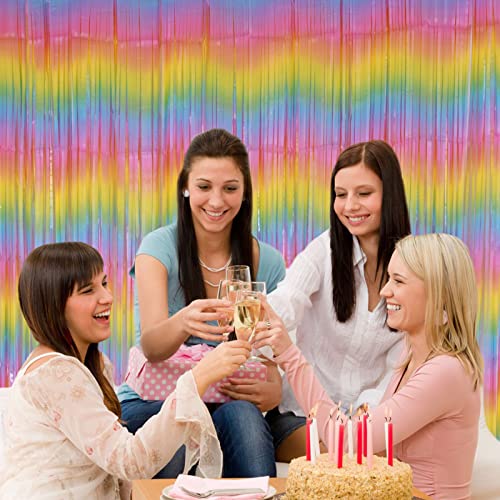 PIGETALE Pastel Rainbow Foil Fringe Curtains, 2Pcs 3.2x8.2ft Metallic Tinsel Foil Streamers Colourful Photo Booths Props Backdrop for Easter Princess Birthday Wedding Engagement Party Decorations - color: Rainbow