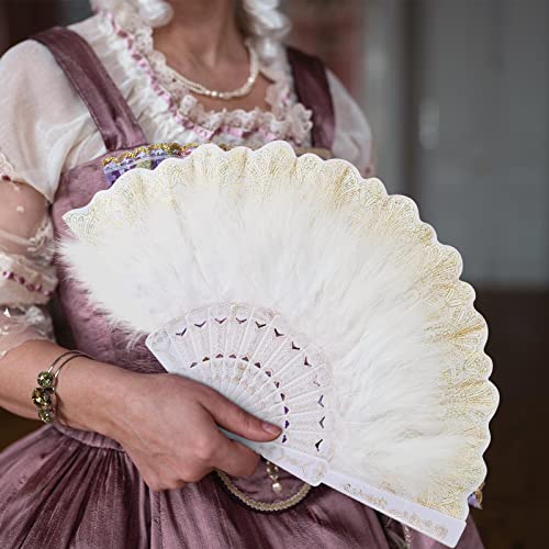 Namalu 2 Pieces Feather Hand Fan Embroidered Flower Marabou 1920s Feather Fan Hand Folding Drag Queen for 20s Women Costume Tea Party Dancing Photoshoot Wedding Decor(White with Gold) - color: White With Gold