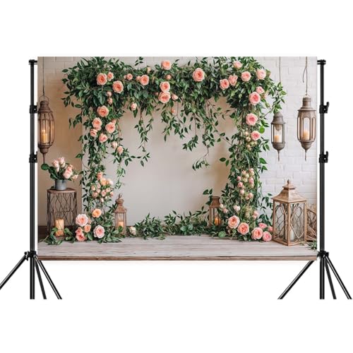 7x5ft Floral Backdrop Rose Flowers Theme Photography Background Spring Backdrops Wedding Bridal Shower Birthday Party Backdrop Banner Decorations Supplies Photo Booth Props - color: Green Pink-01, size: 7X5FT