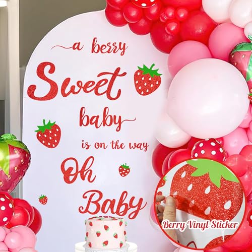 Strawberry Baby Shower Decorations Decals for Backdrop Berry Girls Gender Reveal Party Sign for Balloon Arch A Berry Sweet Baby is On The Way Sticker Newborn Sex Reveal Vinyl Letters Pregnancy Supply - color: Green & Red Sweet Berry