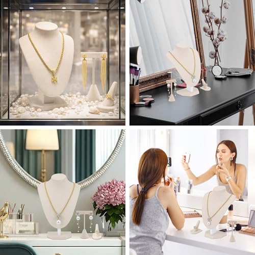 Wenqik 3 Pcs Velvet Jewelry Display Set Velvet Necklace Bust Holder T Shape Earring Stand Ring Finger Jewelry Holder (Linen) - color: Linen