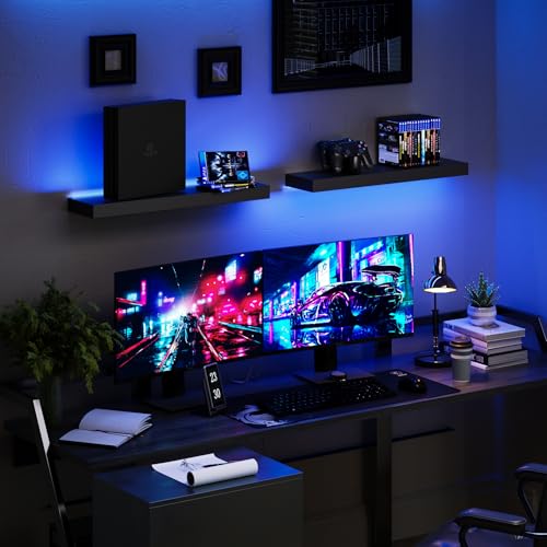 BAMEOS Floating Shelves with LED for Wall, Sturdy Shelves with RGB Light, Wall Mounted Display Shelves, Set of 2, Hanging Shelf for Bathroom, Bedroom, Kitchen, Living Room Storage, Black - color: Black-rgb, size: 24 x 6