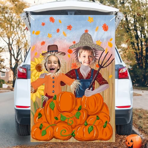 Thanksgiving Photography Backdrop Pumpkin Photo Background Fall Harvest Decor Autumn Events Photo Props Scarecrow Fall Party Festival Supplies Trunk or Treat Car Decorations with Rope, 60 x 40 Inch