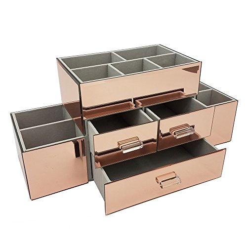 OnDisplay Amara 3 Drawer Tiered Mirrored Makeup/Jewelry Organizer - Glass Panel Organization Station for Cosmetics, Jewelry or Office/Desk Supplies - color: Rose Gold