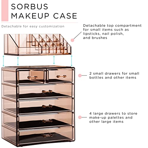 Sorbus Acrylic Makeup Organizer Set, 6-Drawer Vanity & Countertop Cosmetic Storage with Small & Wide Compartments, Bronze Glow Makeup Storage for Brushes, Jewelry – Holiday Gift for Women & Teens - color: Bronze Glow, size: 4 Large, 2 Small Drawers