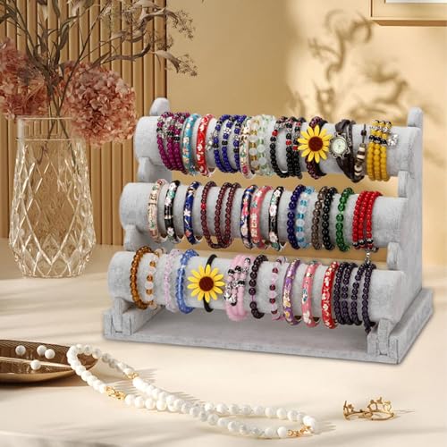 Barelove Velvet Bracelet Holder with 3 Tier Rack, Grey T-Bar Storage Organizer Detachable Display Stand for Necklace Watch Bangles Bracelets Scrunchies Organization Showcase - color: Grey