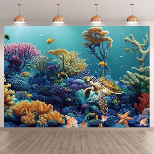deFouliao Under The Sea Backdrop Deep Ocean Underwater World Coral Turtle Starfish Conch Background for Baby Shower Birthday Party Decorations Photo Banner Props, 7x5ft - color: Green, size: 7x5ft