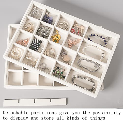 Coward 2PC Stackable 24 Gird Jewelry Organizer Tray Necklace Earring Box Storage Drawer Ring Bracelet Display Holder (beige(24grid+24grid)) - color: Beige Velvet, size: 24Grids+24Grids