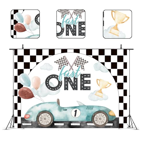 Glawry Fast One 1st Birthday Backdrop for Photography 7Wx5H Feet Racing Car Cartoon Cute Black White Checker Flag Cool for Kids Boys Bday Party Decorations Photoshoot Background Photo Booth Studio - color: Fast One Birthday, size: 7Wx5H