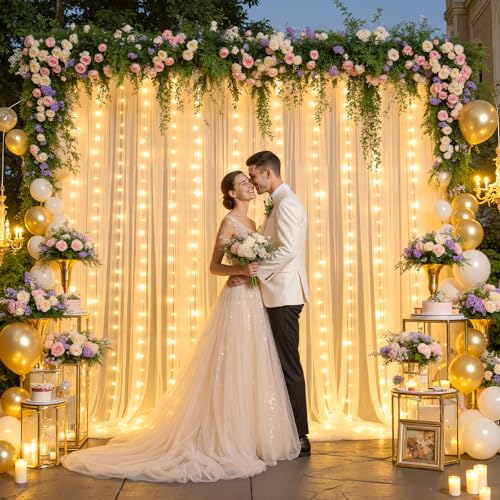 Champagne Tulle Backdrop Curtain with Lights String for Parites Wedding 5x8ft Champagne Sheer Backdrop Curtains for Bridal Shower Baby Shower Birthday Party Photo Booth Background Decorations - color: Champagne, size: 10 ft X 8 ft(2 Panels 5ft X 8ft)