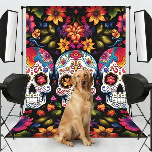 Colorful Flower Skulls Backdrop Background for Photography 5x7ft Photobooth Professional Photo Backdrop Curtains Video Photography Studio Photo Backgrounds Banner Booth Background Screen Parties - color: Colorful Flower Skulls