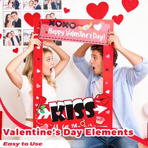 Valentine's Day Photo Booth Frame - Red Pink Kiss is in The Air Funny Paper Photo-Props Background Photography, Romantic Valentine's Day Party Supplies for Couples, Galentine's & Date Night - color: Valentine Party Photobooth Props