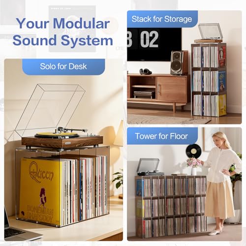 Bikoney Vinyl Record Storage,Stackable Cube Acrylic Vinyl Record Holder,Tabletop Record Player Stand,Vinyl Holder & Album Storage Box Crate Bin, Warm Amber - color: Warm Amber
