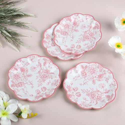 24 Pcs Pink Floral Party Plates Vintage Floral Leaf Disposable Paper Plates Wildflower Pink Toile 7" Small Scalloped Rim Dessert Plates for Valentines Birthday Bridal Tea Party Supplies - color: Pink Floral