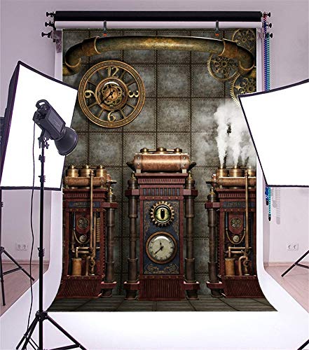 5x7ft Polyester Antique Vintage Steampunk Backdrop Industrial Gear Metal Clock Old Metal Gearwheel Photography Background Steam Machine Nostalgia Party Kids Adult Men Portrait Photo Props - color: Black 10451, size: 5x7ft-Polyester