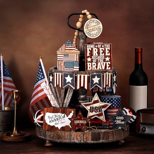 FoldTier 18 Pcs 4th of July Tiered Tray Decor Set Rustic Patriotic Independence Day Decoration Glow Vintage Farmhouse 4th of July Tiered Tray Sign Wooden Red White Blue Decor for Table(Freedom) - style: Freedom