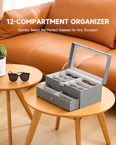 CO-Z Sunglasses Organizer with 12 Slots, Linen Eyeglasses Storage Box for Women Men, 2 Story Lockable Display Case for Multiple Glasses, Sunglasses Jewelry Collection Holder with Drawer, Grey - color: Linen