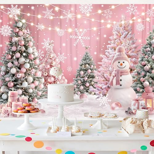 InMemory Pink Winter Wonderland Backdrop Christmas Snowy Forest Trees Snowflake Snowman Background for Photography Xmas Holiday Party Decoration Prop Banner 6x4ft - color: Pink