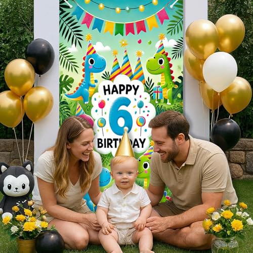 HOMETITUTE 6th Birthday Door Cover 71x35 Inch Dinosaur Theme Birthday Banner for Kids Party Decorations Jungle Backdrop Sign for Boys Girls Wall Porch Party Supplies - color: Forest Dinosaur 6