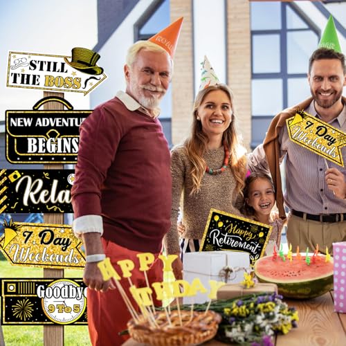 Hooqict Retirement Party Decorations 20 Pieces Happy Retirement Party Signs for Black and Gold Retirement Theme Party Decor Directional Banner Sign Retirement Birthday Party Supplies - style: Retirement
