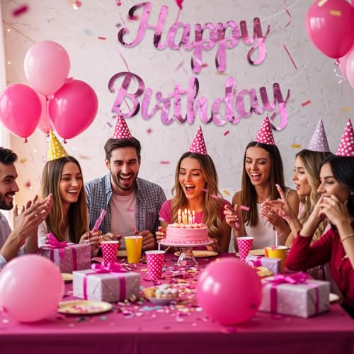 BEISHIDA Happy Birthday Banner - NO DIY,Double-Sided Pink 10Feet Pre-Strung-Glitter Birthday Sign Garland Backdrop Decorations for Women men Party - color: Double-Sided pink