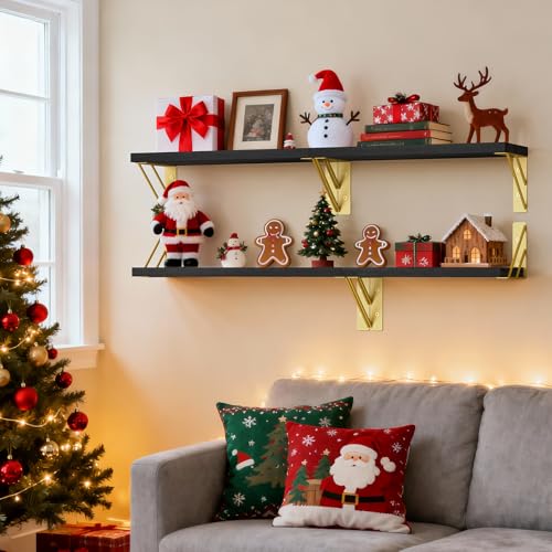 BAYKA Wall Shelves for Bedroom Decor, Floating Shelves for Living Room Kitchen Storage, Mounted Rustic Wood Floating Shelves for Kids Books, Corner Shelves for Bathroom, Office(Black Gold,Set of 3) - color: G. Black Board & Gold Brackets, size: 16-inch Mi