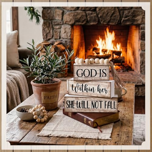 Lineshading 4 Pcs Christian Table Decor Rustic Wooden Block Sign Set with God Is Within Her She Will Not Fall Farmhouse Stacked Decor with Beaded Garland Tassel Christian Home Decors for Office, Shelf - style: Bead