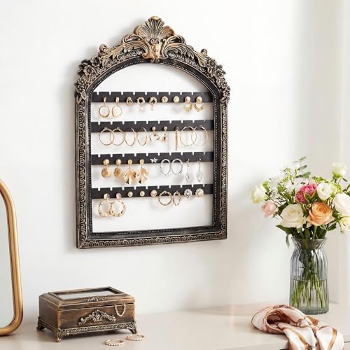 1 Pcs 13 x 9.3'' Wall Hanging Earring Holder Organizers Vintage Black Arched Frame 4 Layer Wall Mounted Jewelry Holder Decorative Retro Baroque Stud Earring Display - color: Black, size: 13 x 9.3''