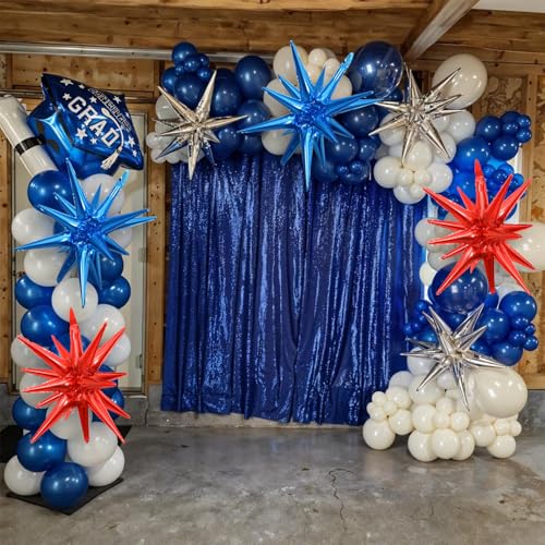 Red Blue Silver Star Balloons, 22 Inch Foil Explosion Star balloons, Large Spike Balloons Stars Cone Balloon, for Birthday Graduation 4th of July, Independence Day USA Patriotic Party Decoration - color: Dark Blue Red Silver