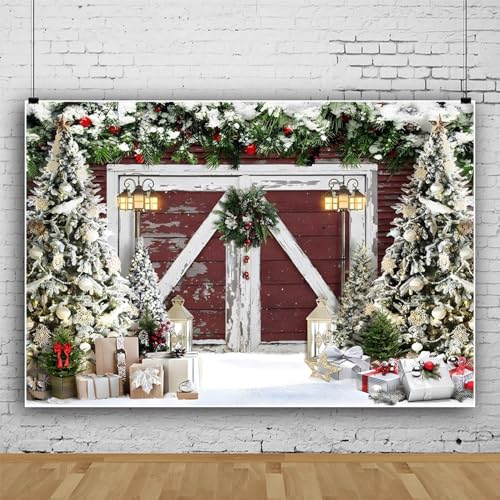 10x8ft Winter Christmas Barn Door Backdrop Rustic Wood Xmas Tree Snow Gift Photography Background Banner for Family Holiday Party Decoration Supplies Photo Studio Props - color: Brown Green, size: 10x8ft