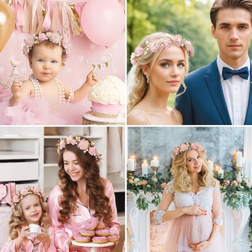 MEMOVAN Pink Flower Crown Headband Rose Floral Headpiece Adjustable with Gold Leaf Bohemian Fairy Flower Renaissance Hair Wreath Accessory for Girls Women Birthday Wedding Party Photo Props - color: pink