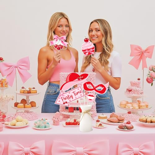 24 Pcs Pink Cherry Photo Booth Props Set, Cherry Happy Birthday Photography Posing Selfie Props with Sticks, Summer Fruit Theme Photo Shoot for Bday Baby Shower Party Supplies