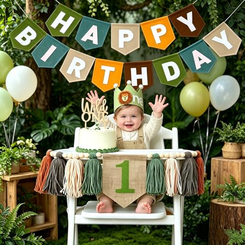 Wild One First Birthday Decorations For Boy-High Chair Banner First Birthday Boy Felt Happy Birthday Banner With Lion Crown, Wild One Highchair Banner Jungle Safari Birthday Party Decorations - color: Wild