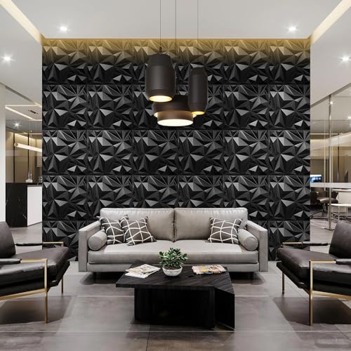 STICKGOO 12 Pack 3D Wall Panels for Interior Wall Decor, Black Diamond Design Accent Wall Panels, 19.7''x19.7'' Modern Textured Wall Panels for Living Room Lobby Bedroom TV Backdrop - color: Black