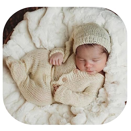 Newborn Photography Prop Baby Boys Girls Photoshoot Outfits Newborn Photo Knitted Romper Sleepy Hat Picture Outfit - color: Beige