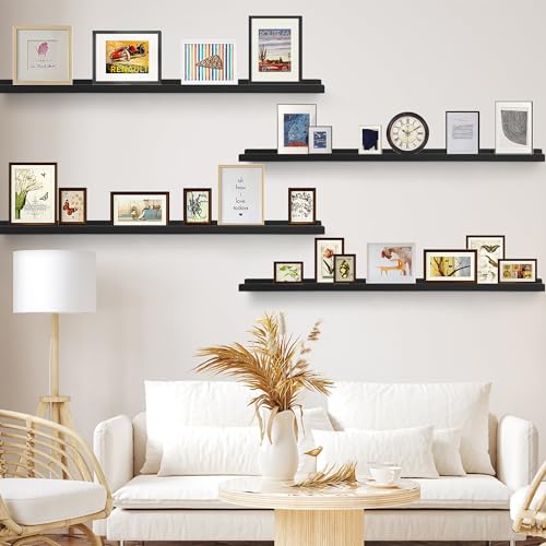Picture Ledge Shelf 57",Narrow Long Floating Shelves for Wall Set of 4,Large Wood Rustic Photo Frames Vinyl Record Storage Display Nursery Kids Bookshelf Decor for Living Room Bedroom Kitchen,Black - color: Black, size: 57 Inch
